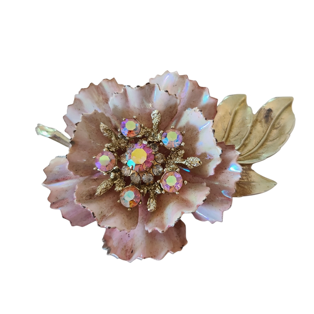 Vintage Coro Pink Flower Brooch Pin, AB Rhinestones